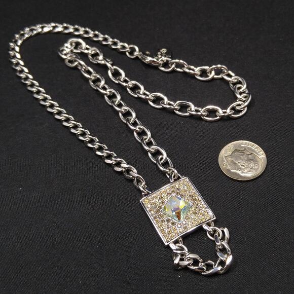 Vintage Swarovski AB Square Pendant Necklace Swan Logo Rhodium - Picture 6 of 9
